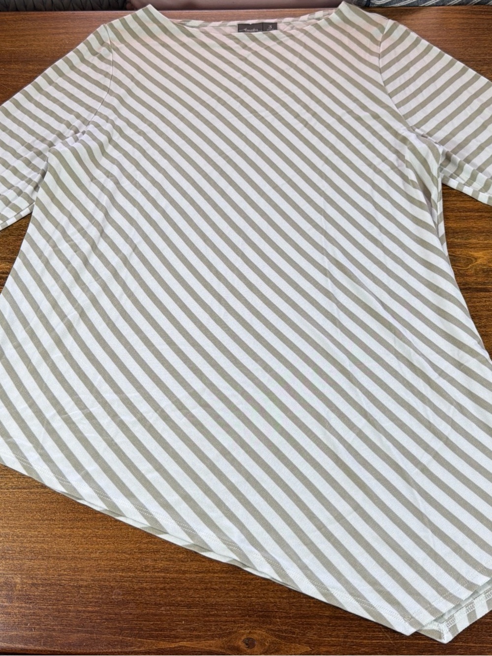 Travelers by Chico’s Diagonal Striped 3/4 Sleeve Top White & Taupe Asymmetrical